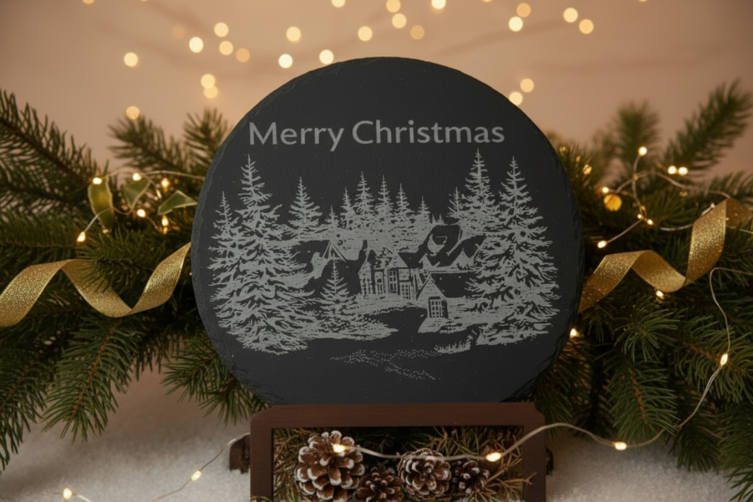 Slate board on display at Christmas with the words Merry Christmas engraved 