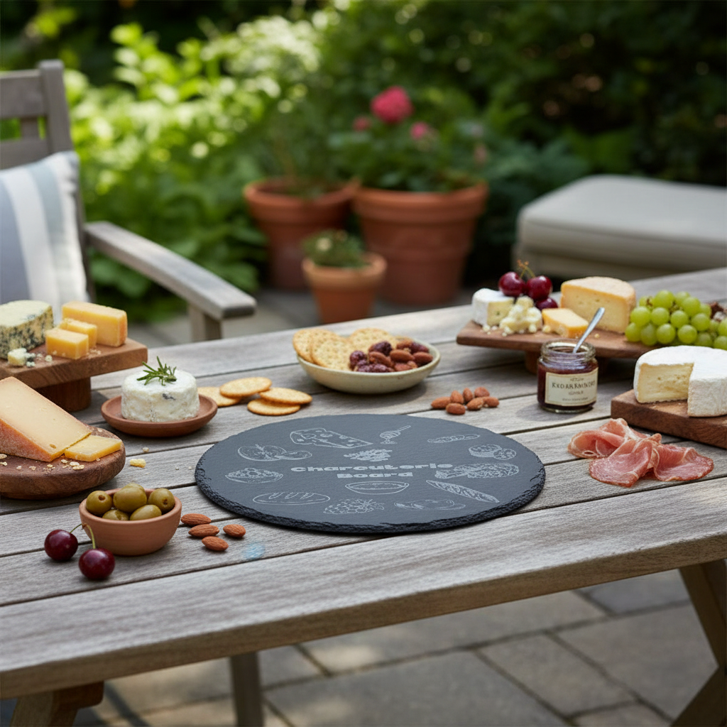 Personalised Slate Board - Chacuterie Board on a table outside for nibbles 
