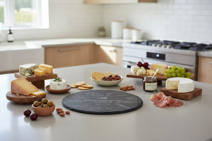 Personalised slate charcuterie board on dining table with food