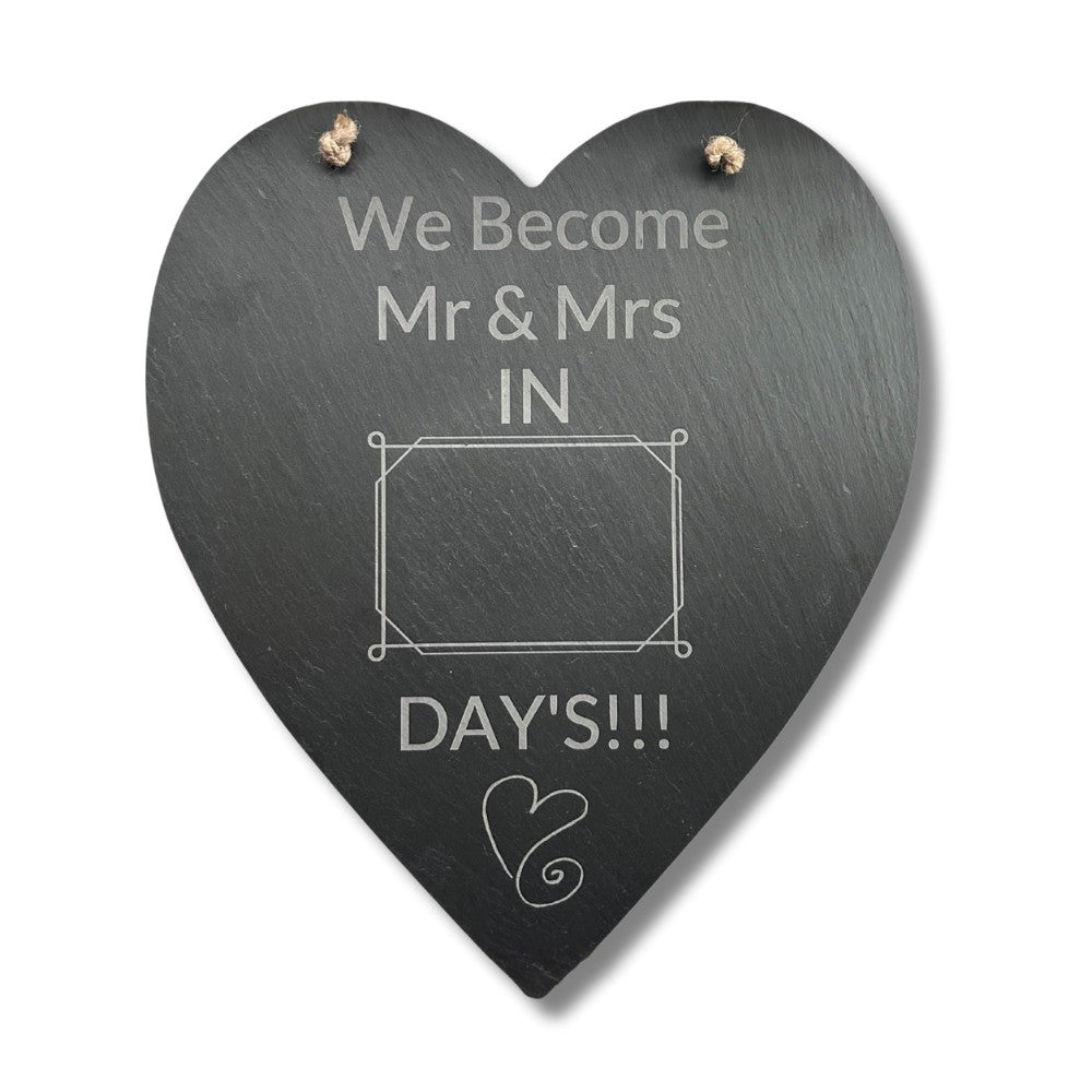 Personalised Slate Hanging Heart - Wedding with countdown box to write how many days are left till the wedding in chalk