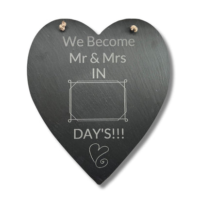 Personalised Slate Hanging Heart - Wedding with countdown box to write how many days are left till the wedding in chalk
