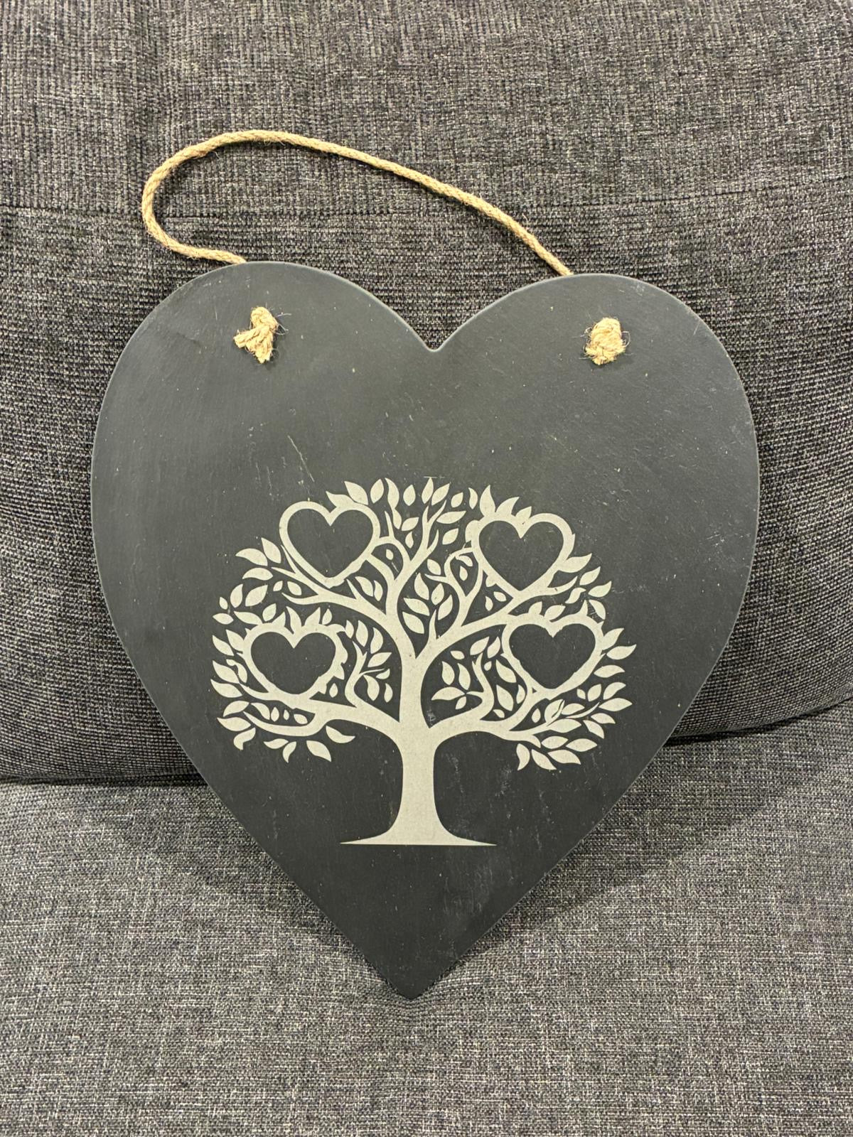 Heart-shaped slate plaque with a Family tree design featuring 4 hearts background