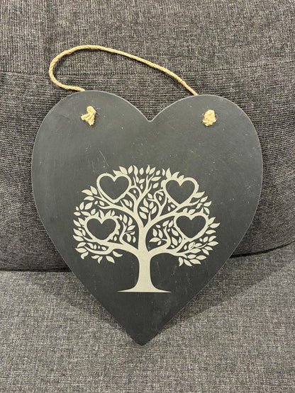 Heart-shaped slate plaque with a Family tree design featuring 4 hearts background
