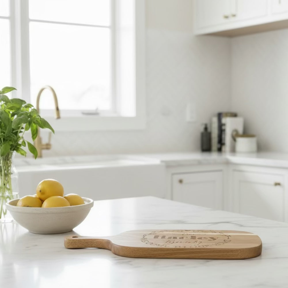 Personalised Wooden Cheeseboard Set - Acacia Wood on kitchen table to be used for chopping fruit or vegetables 