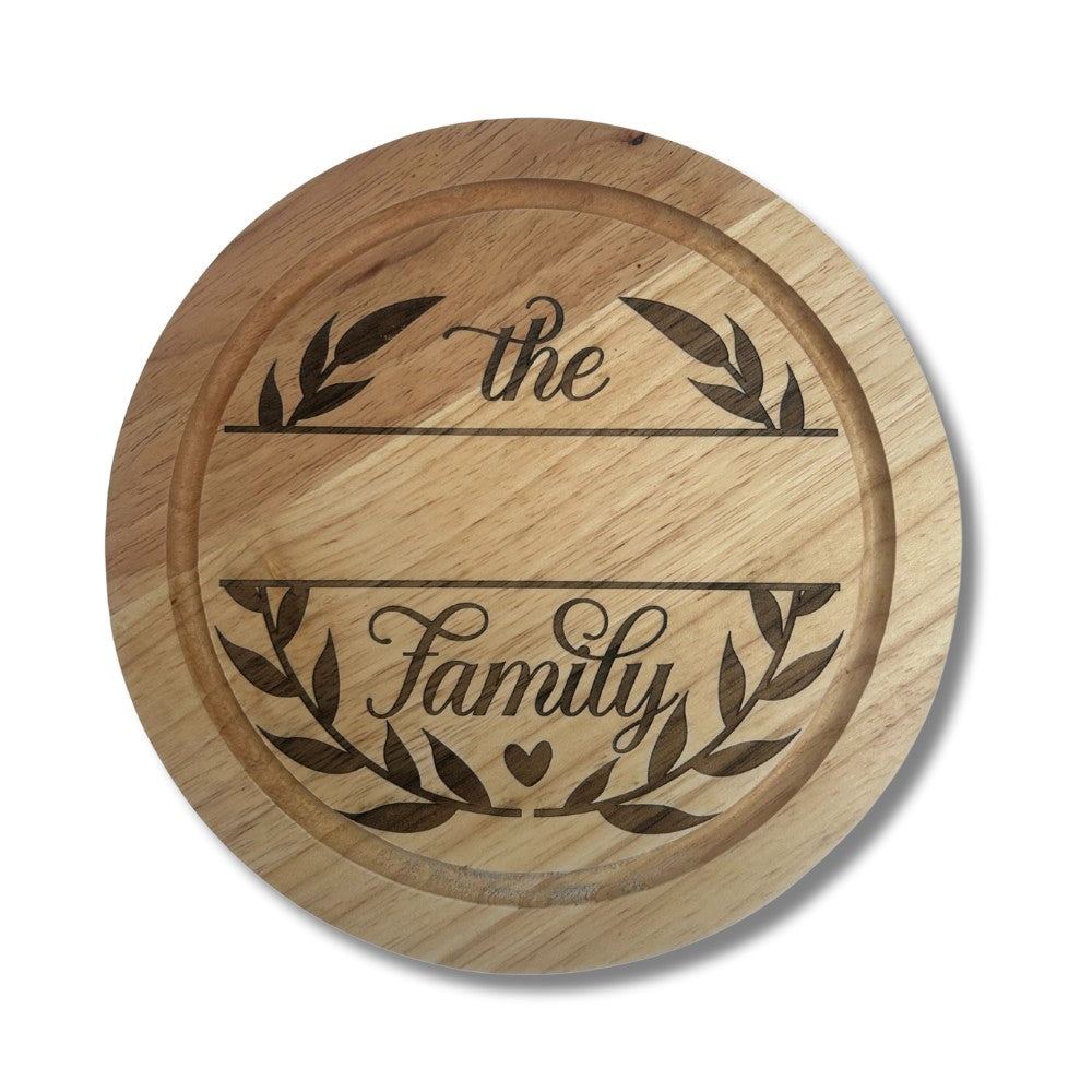 Personalised Wooden Cheeseboard Set - Family with heart and Leaf boarder | Wedding Gifts