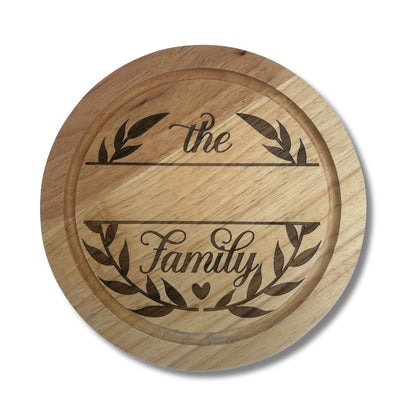 Personalised Wooden Cheeseboard Set - Family with heart and Leaf boarder | Wedding Gifts