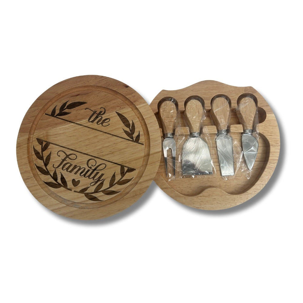 Personalised Wooden Cheeseboard Set - Family with heart image and boarder