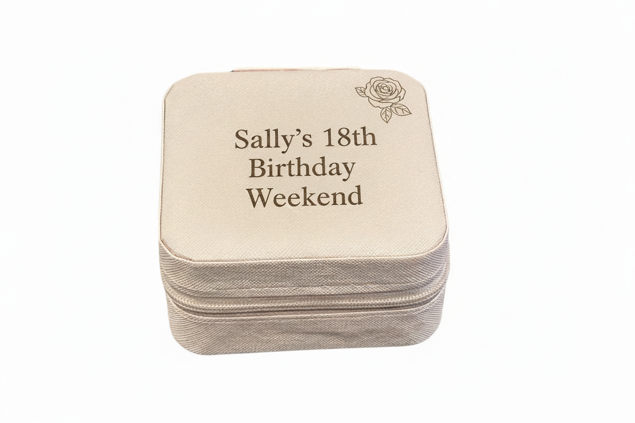 Pink jewellery  box with a personalised name and 18th Birthday on a white background