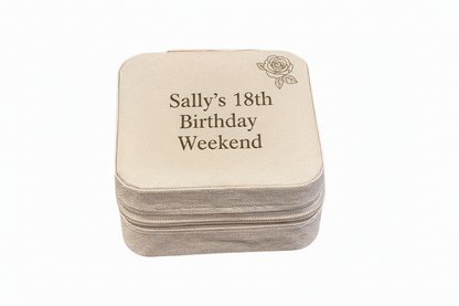 Pink jewellery  box with a personalised name and 18th Birthday on a white background