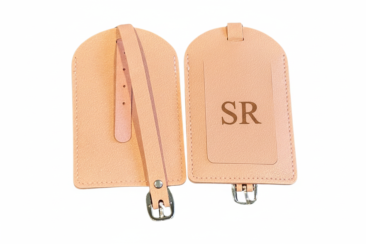 Two pink-colored luggage tags personalised with engraved initials with straps on a white background