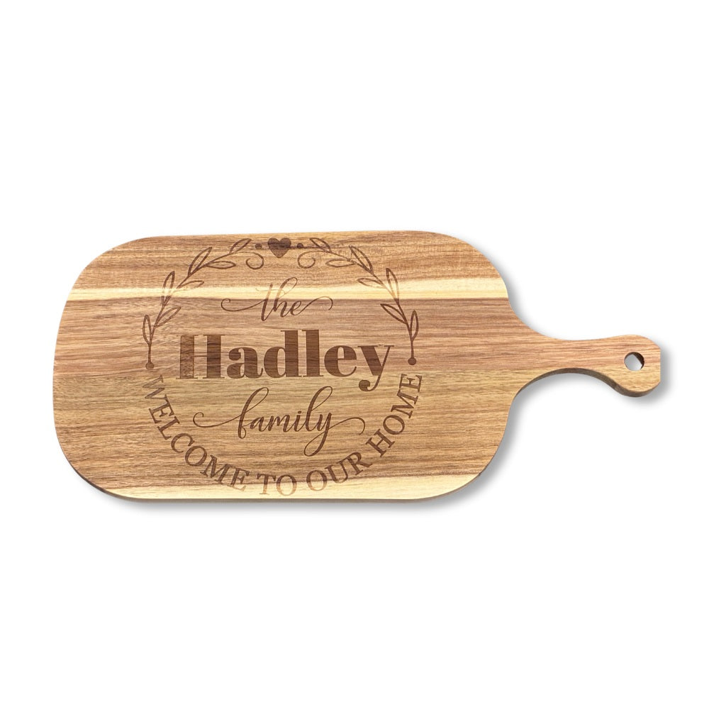 Personalised acacia wood cheeseboard engraved with custom text