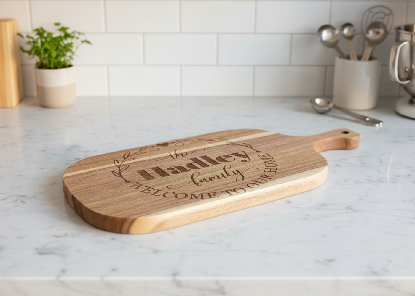 Wooden cutting board with engraved text on a kitchen counter