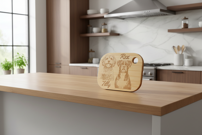 Personalised pet photo engraved bamboo chopping board displayed on a kitchen counter