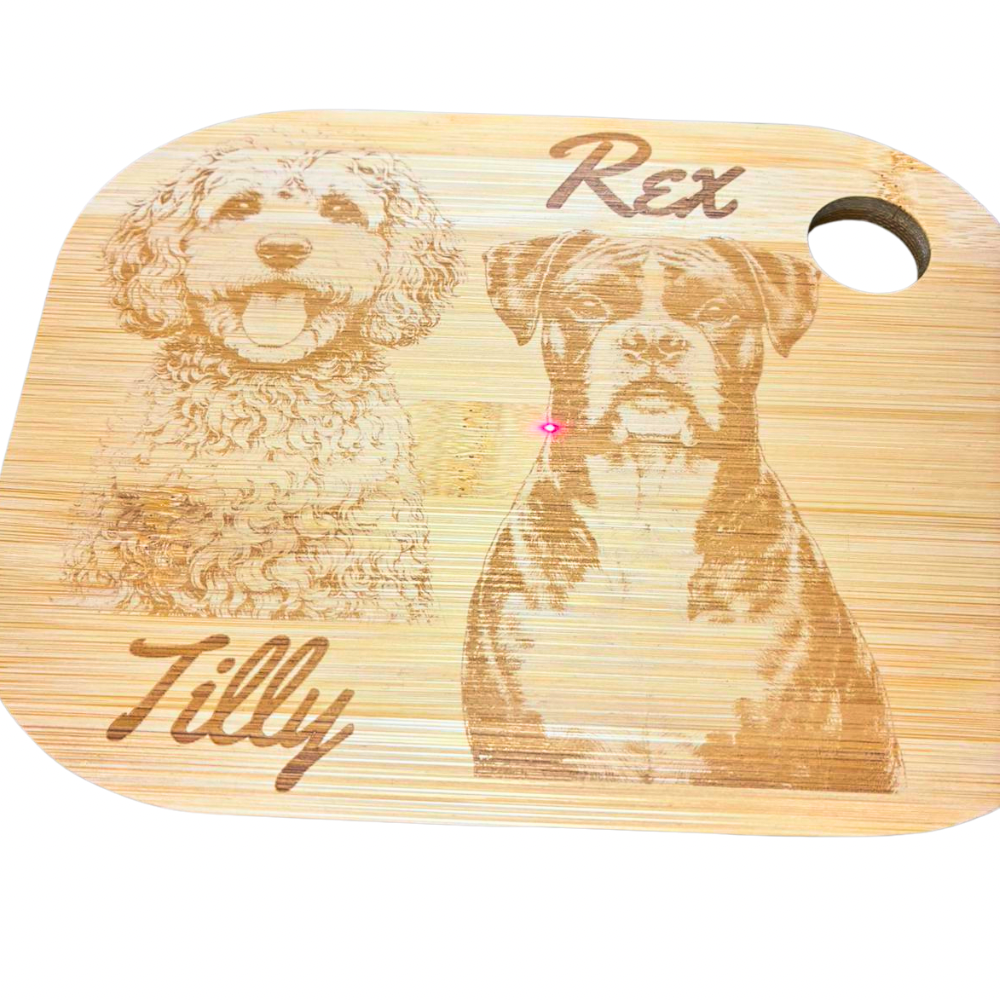 Personalised pet photo engraved bamboo chopping board with detailed laser engraving