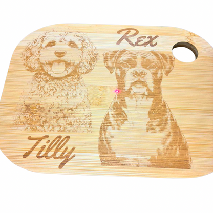Personalised pet photo engraved bamboo chopping board with detailed laser engraving