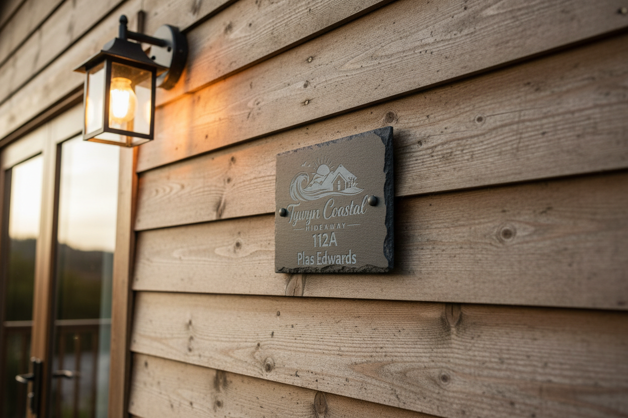 slate holiday home sign with logo, name and address full view on lodge UK