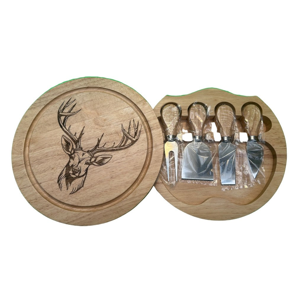 Personalised slate cheeseboard gift set with stag engraving and four cheese utensils