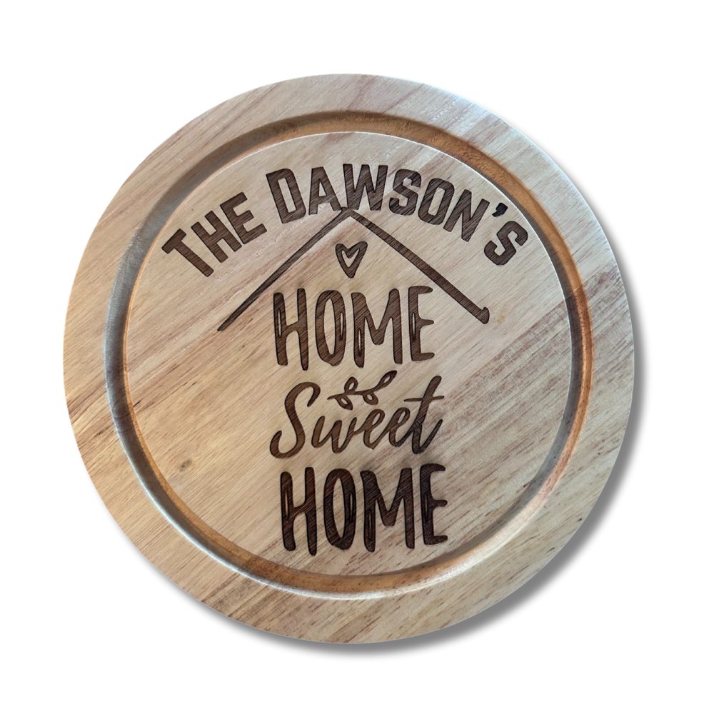 Personalised wooden cheeseboard set engraved with Home Sweet Home design
