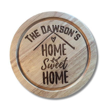 Personalised wooden cheeseboard set engraved with Home Sweet Home design