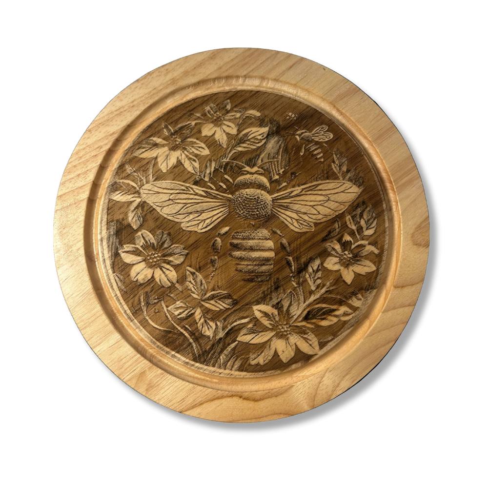 Personalised wooden cheeseboard set engraved with bee design and family name