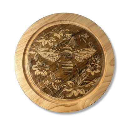 Personalised wooden cheeseboard set engraved with bee design and family name