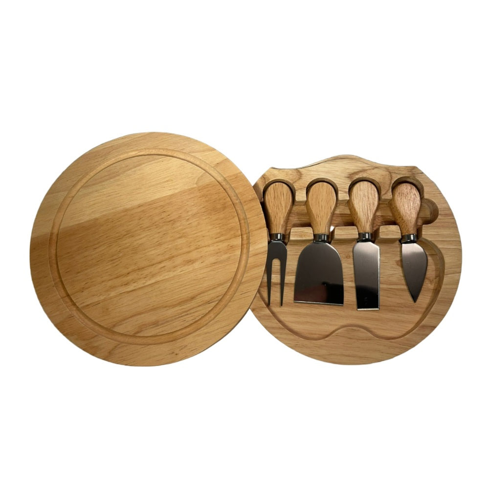 Personalised wooden cheeseboard set with four cheese utensils and hidden storage. Fully Customisable 