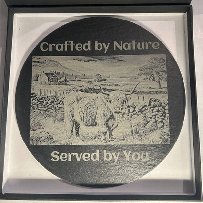 Round slate serving board engraved with “Crafted by Nature, Served by You” design