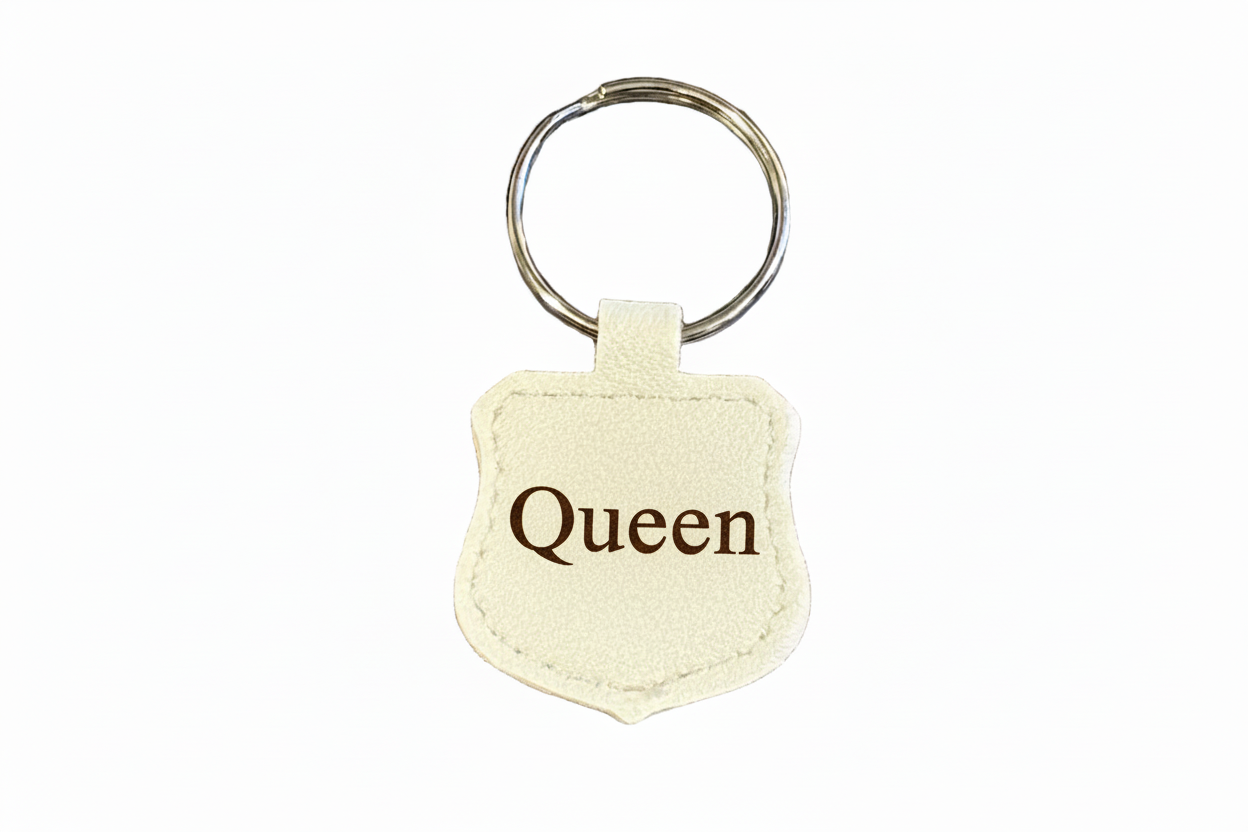 Keychain with 'Queen' text on a white background