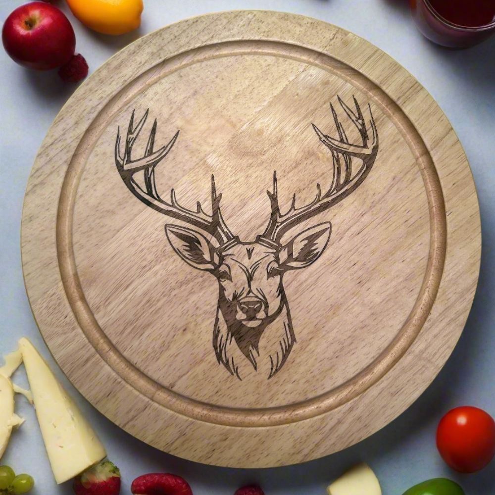 Slate cheese board with engraved stag design and stainless steel cheese knives