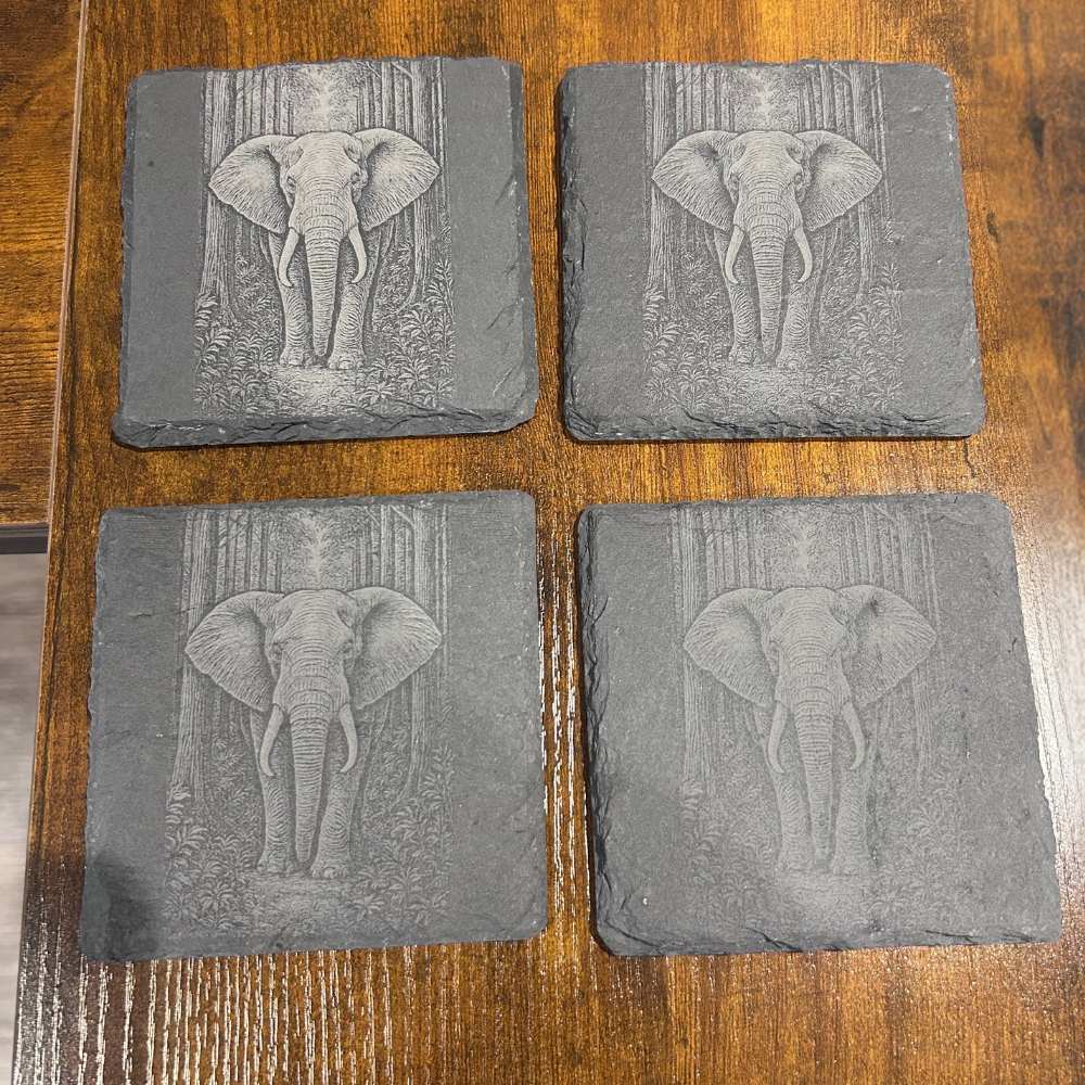 Square slate coaster engraved with elegant elephant design