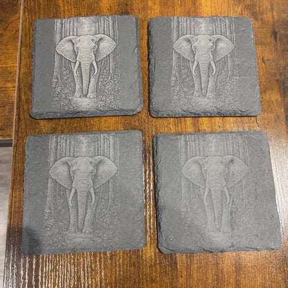 Square slate coaster engraved with elegant elephant design