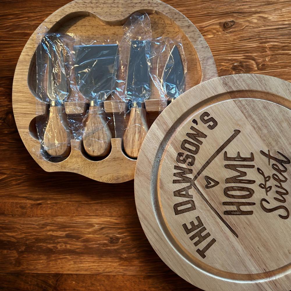Wooden cheese board gift set with Home Sweet Home engraving and knives