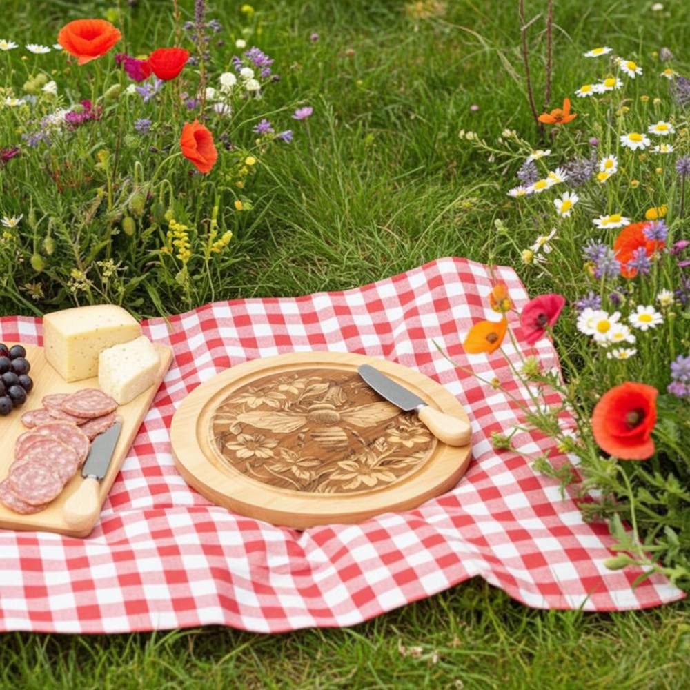 Wooden cheese board gift set with bee engraving and cheese utensils