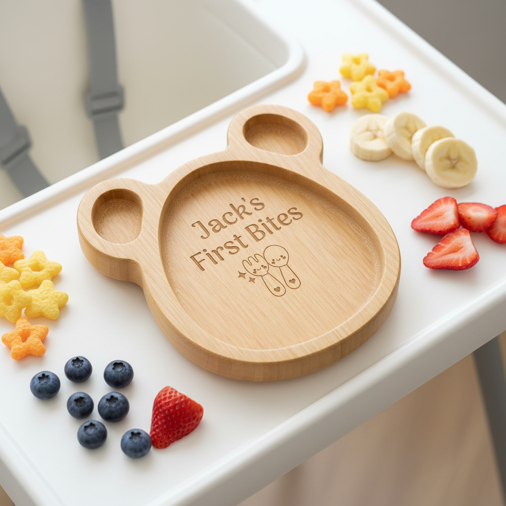 Personalised Kids Bear Bamboo Serving Board | Children's Snack Board | Engraved Wooden Bear Plate for Kids