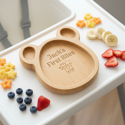 Personalised Kids Bear Bamboo Serving Board | Children's Snack Board | Engraved Wooden Bear Plate for Kids