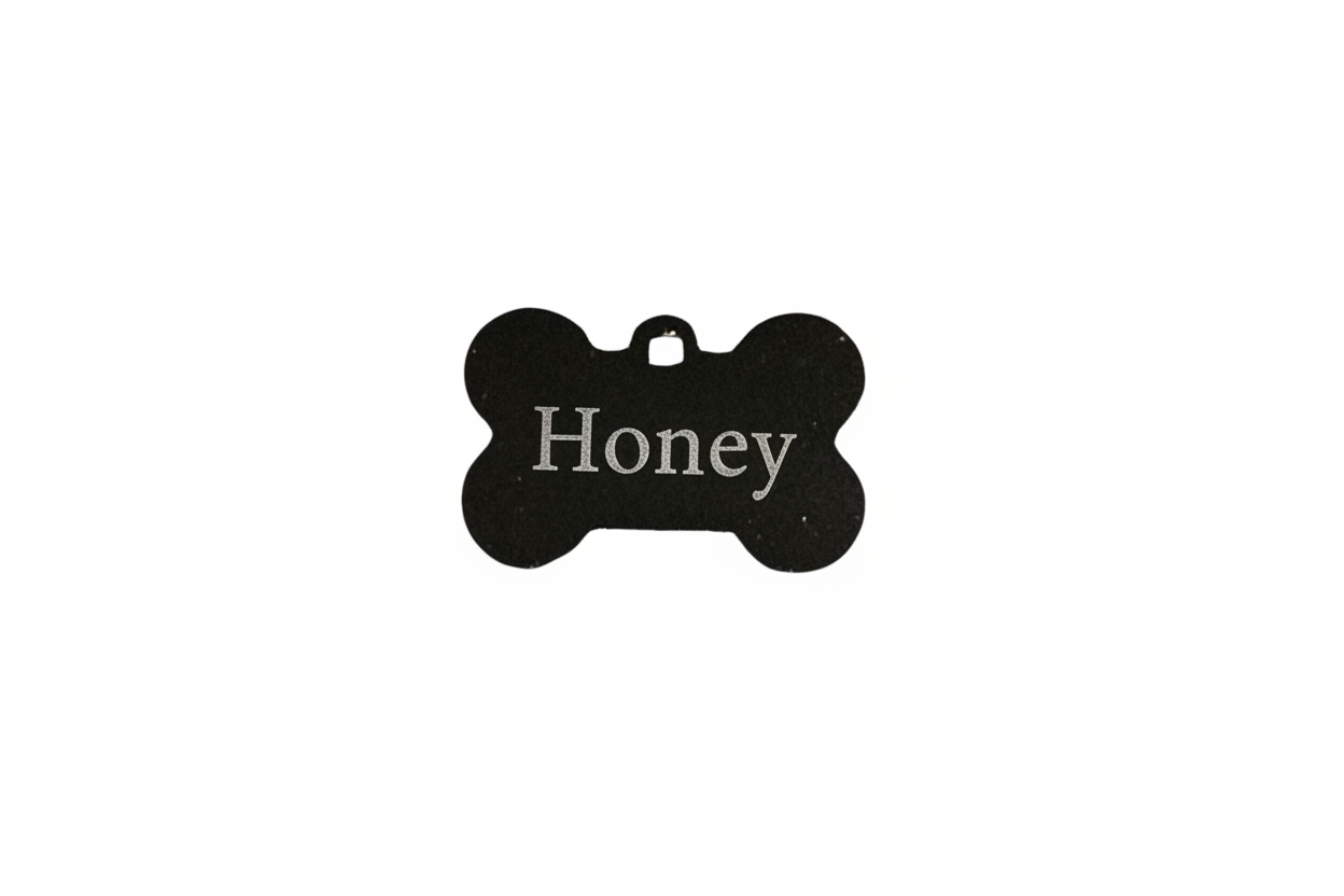 Black bone-shaped tag on a white background with name Honey engraved