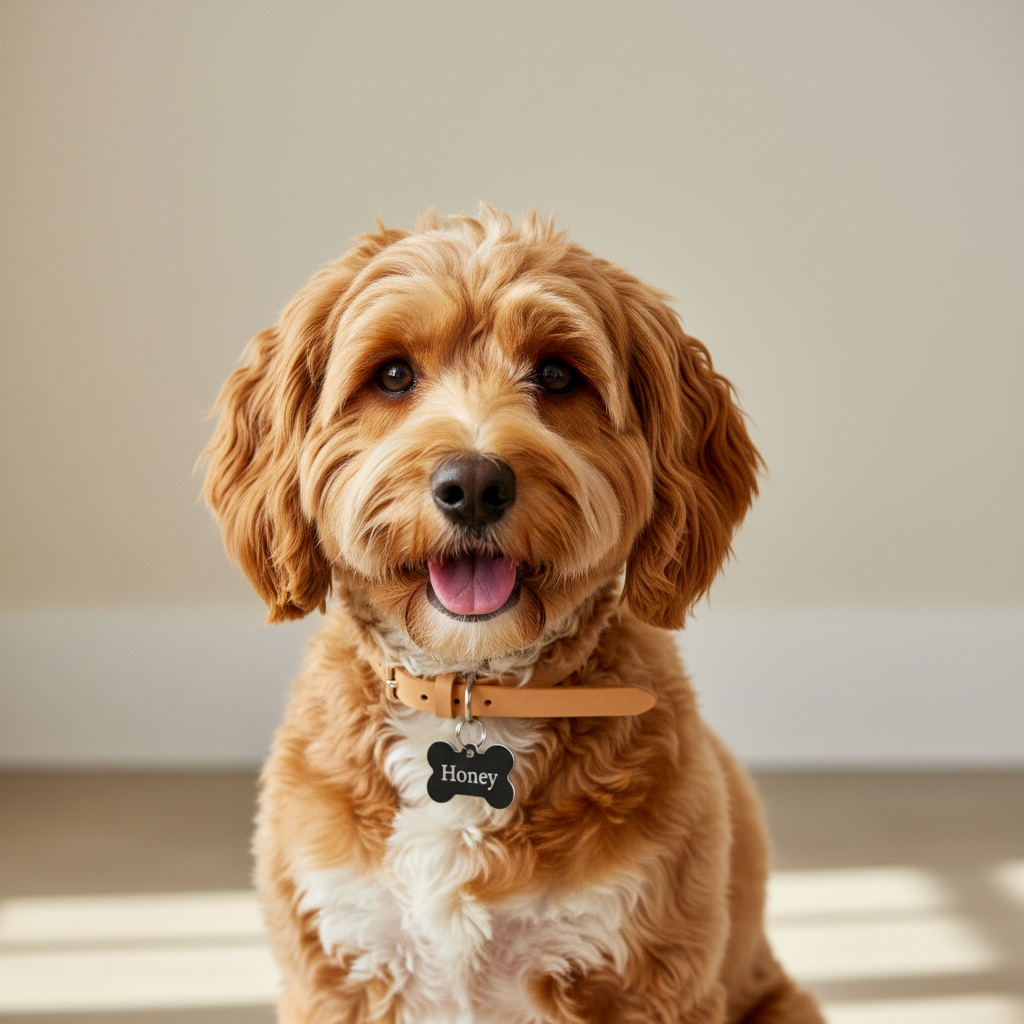 Black bone-shaped tag on a white background with name Honey engraved on a collar of a cavapoo dog