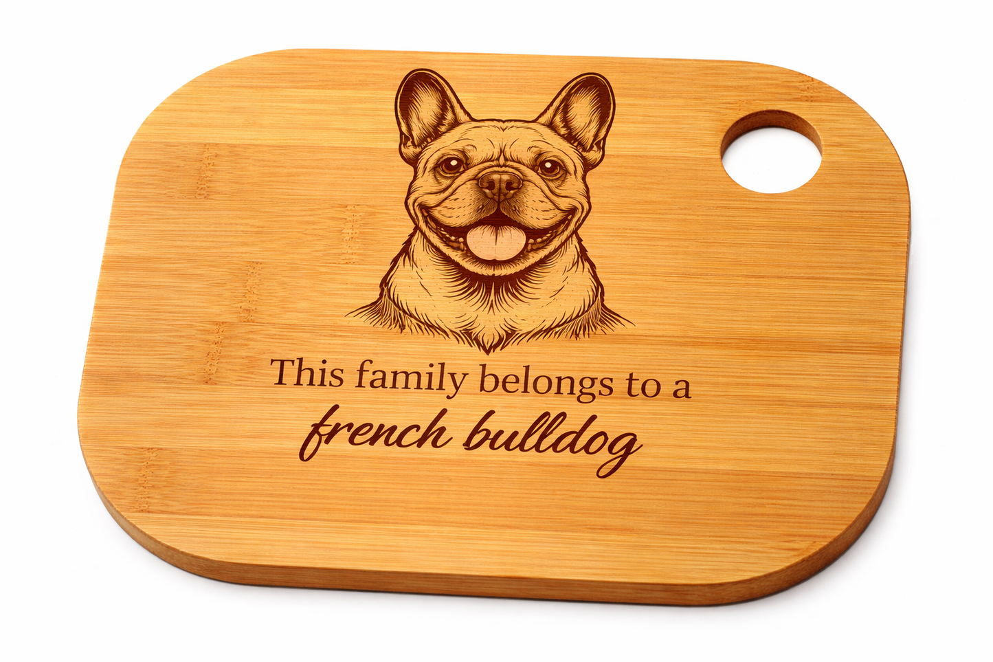 Wooden cutting board with a French Bulldog illustration and text on a white background