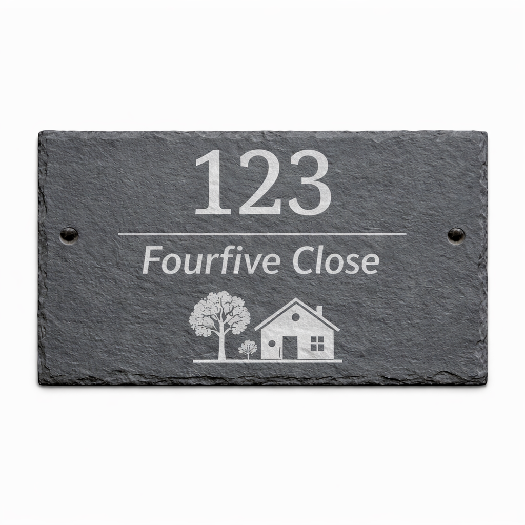 slate house sign with address and image of house and tree