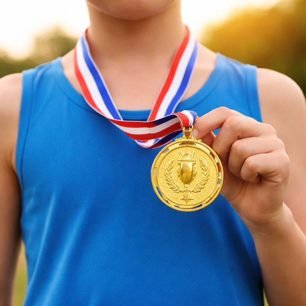 Person wearing a blue sleeveless shirt holding a gold medal with a red, white, and blue ribbon.