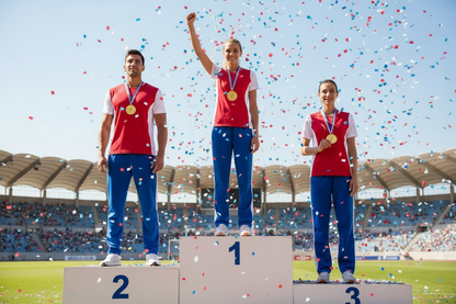 3 winners on podium wearing a gold medal with a red, white, and blue ribbon