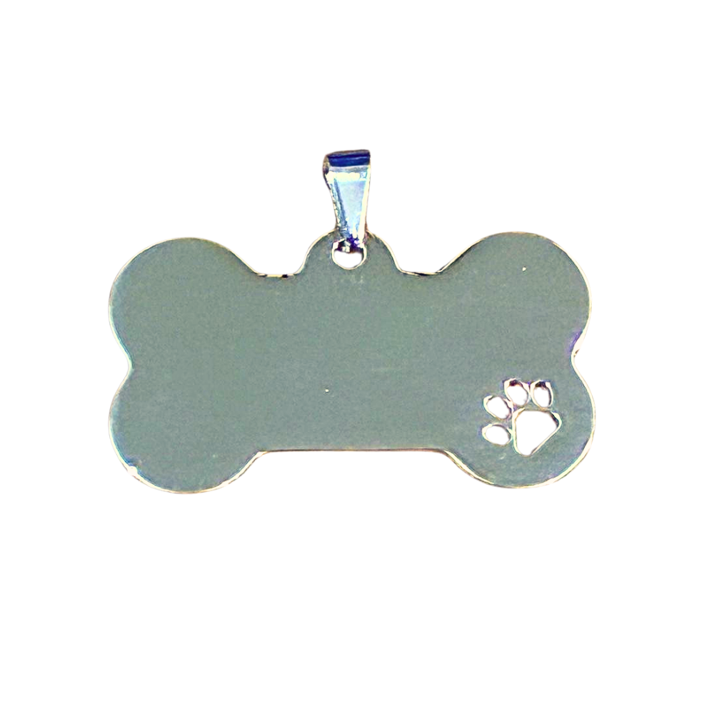 Personalised Metal Dog Name Tag | Bone Shape | Engraved Front & Back | Paw Print Detail