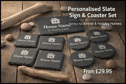 Personalised Slate House Sign & Coaster Set | Engraved Airbnb & Holiday Home Gift