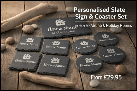 Personalised Slate House Sign & Coaster Set | Engraved Airbnb & Holiday Home Gift