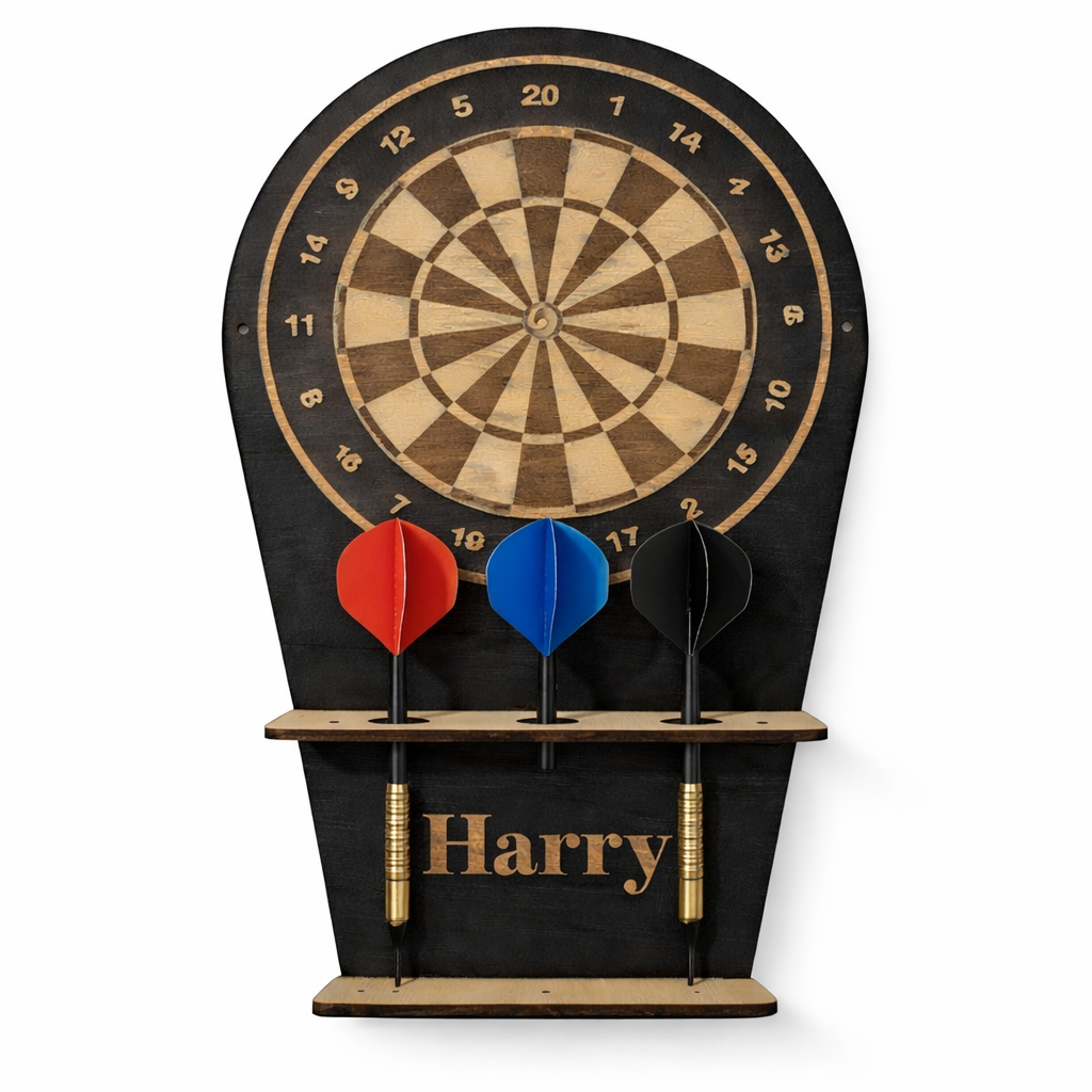Dartboard with three darts on a stand named 'Harry' against a white background