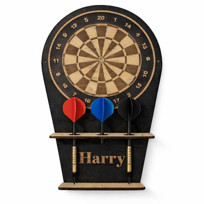 Dartboard with three darts on a stand named 'Harry' against a white background