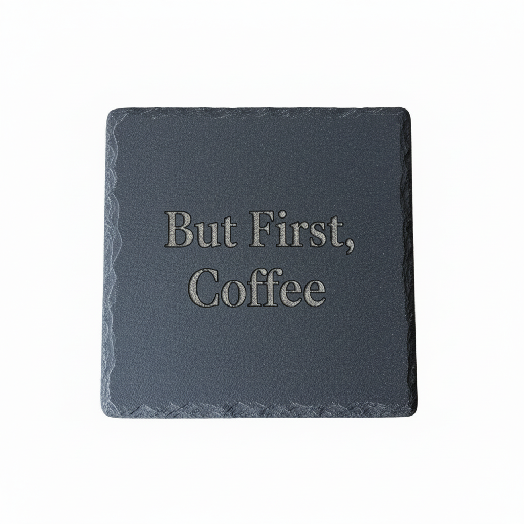 Slate coaster with 'But First, Coffee' text on a white background