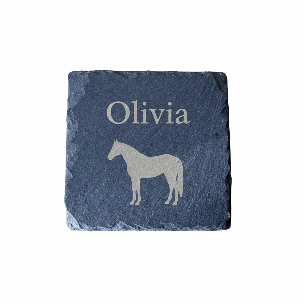 Slate coaster with horse silhouette and 'Olivia' engraving on a white background