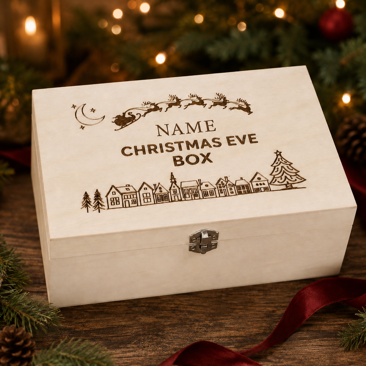 A personalised wooden Christmas Eve gift box with laser-engraved holiday illustrations and the text 'NAME CHRISTMAS EVE BOX', displayed on a wooden surface with festive lights and greenery in the background.