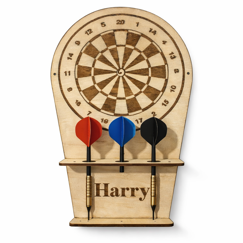 Wooden dartboard with three darts and 'Harry' engraved on a white background